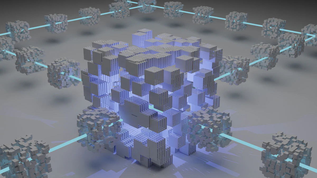 Abstract 3D render of a cube built from smaller cubes linked to satellite clusters