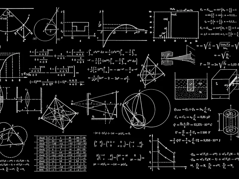 Chalkboard filled with mathematical formulas and diagrams