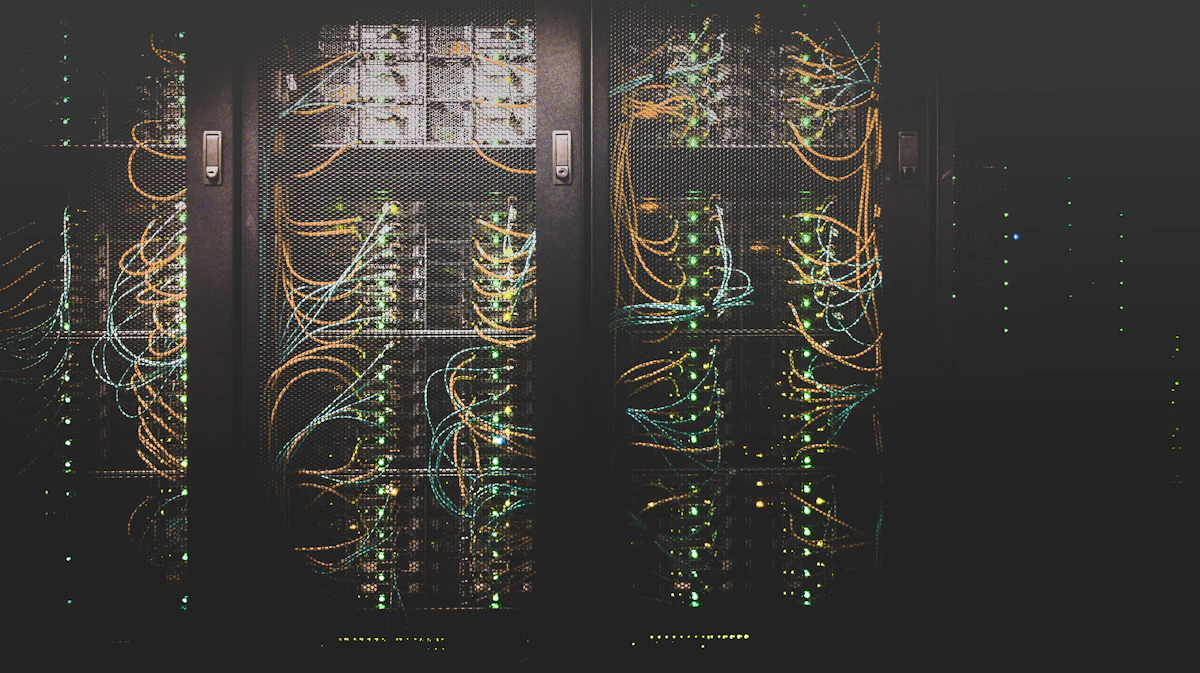 Server racks with dense network cabling in a dark data center